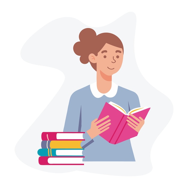 ilustracja młodej dziewczyny z książkami nauczyciel wykładowca uczeń uczeń prosty styl styl doodle