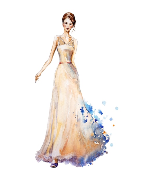 Ilustracja mody akwareli, długa klasyczna suknia wieczorowa