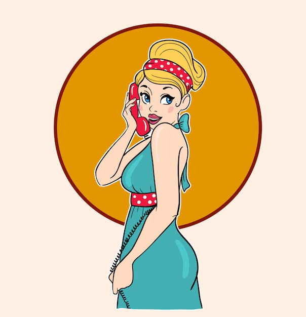 Ilustracja mody blond dziewczyna opowiada na retro telefonie.