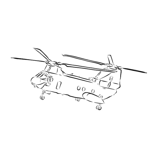 Ilustracja na białym tle helikoptera. czarno-biały rysunek