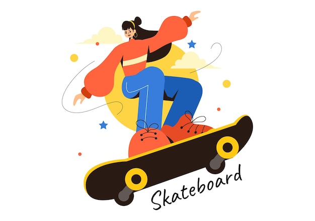 Ilustracja na deskorolce z deskorolkarzami skaczącymi na trampolinie w skateparku w sportach ekstremalnych