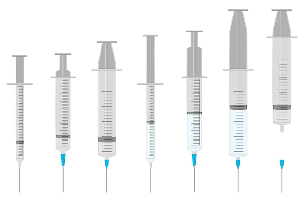 Plik wektorowy ilustracja na temat dużego kolorowego zestawu różnych rodzajów strzykawek igieł dla szpitala strzykawka składająca się z akcesoriów do zbierania z igłą kontroli jakości igla w strzykawce główny symbol leku