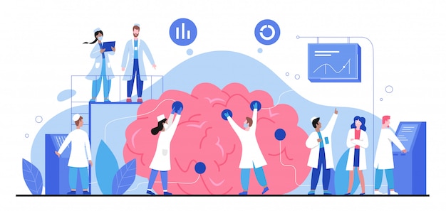 Ilustracja Neurologii, Kreskówka Malutcy Doktorzy Ludzie Studiują Ludzki Mózg I Układ Nerwowy W Badaniach Medycznych Anatomicznych Na Białym