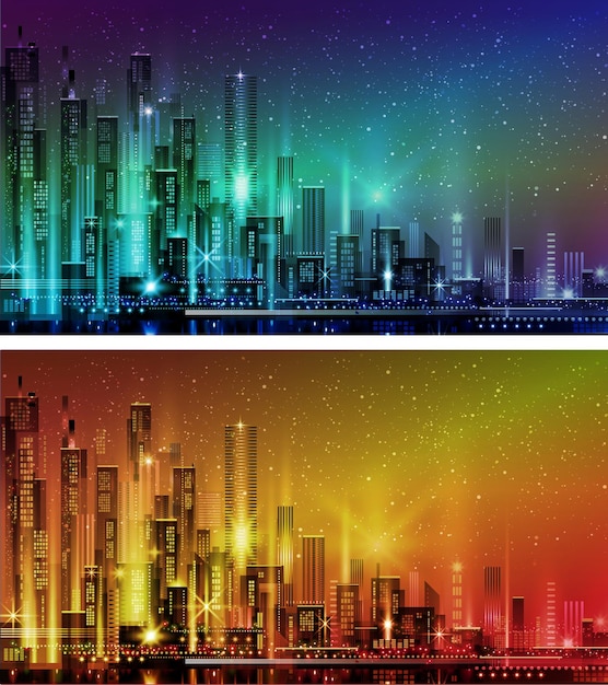 Ilustracja Nocnego Miasta Z Neonowym Blaskiem I żywymi Kolorami Ilustracja Z Architekturą Drapaczy Chmur Budynków Megapolis W Centrum Miasta