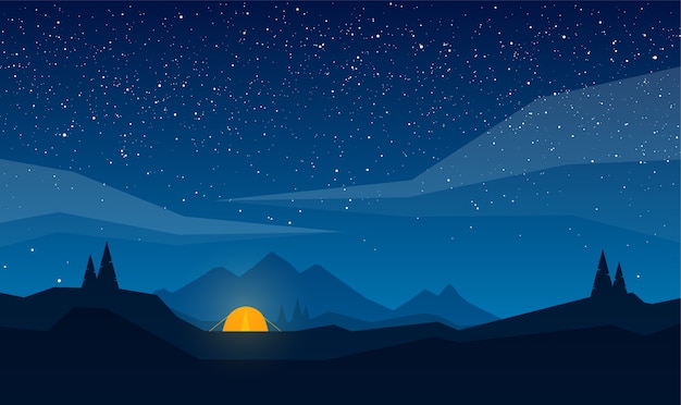 Ilustracja Nocny Krajobraz Gór Z Obozu Namiotowego I Gwiaździstego Nieba