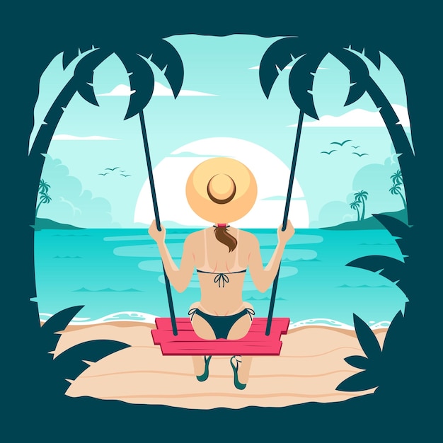 Ilustracja o dziewczynie kołyszącej się na letniej plaży