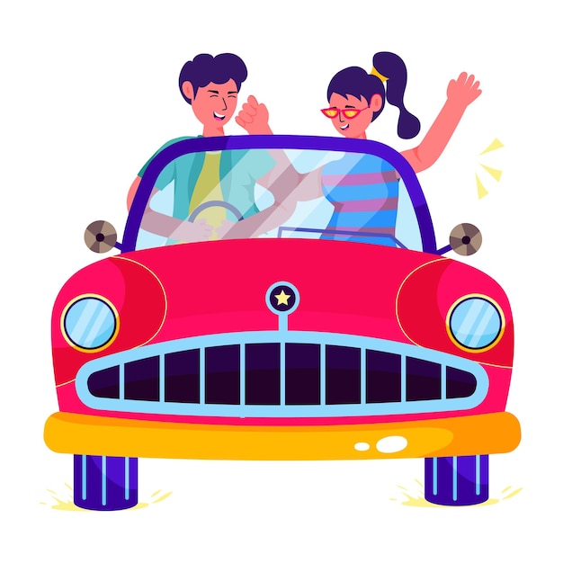 Ilustracja o parze cieszącej się podróżą samochodową