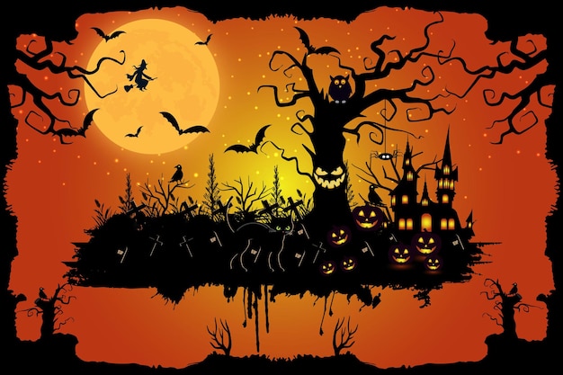 Ilustracja Obchodów Nocy Halloween Z Dyniami Na Halloween, Księżycem I Wektorem Domu Duchów