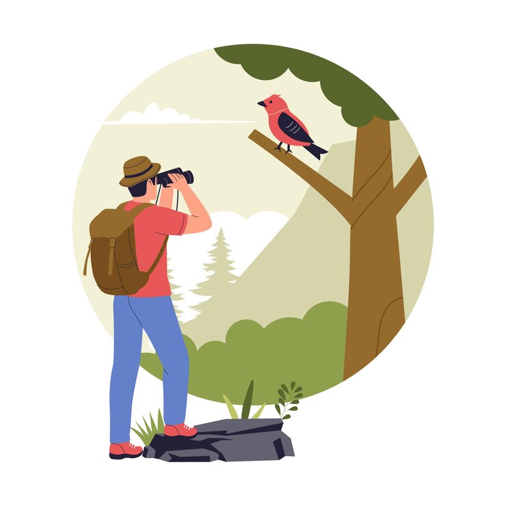 Wektor ilustracja obserwacji ptaków w lesie