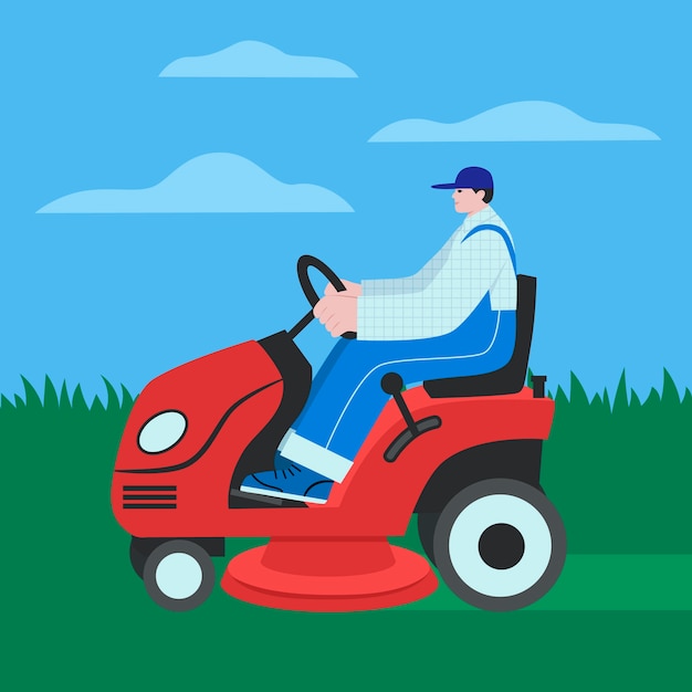 Plik wektorowy ilustracja osoby koszącej trawnik na zewnątrz