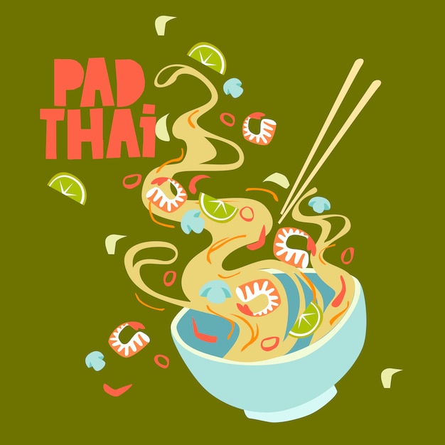 Plik wektorowy ilustracja. pad thai bowl uliczne jedzenie