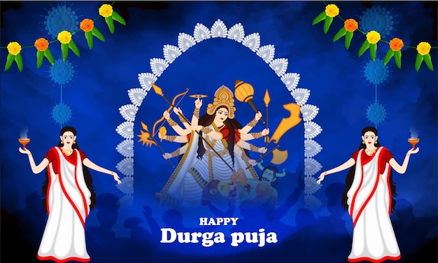 Ilustracja Pani Tańczy Dhunchi I Bogini Durga W Szczęśliwym Durga Puja I Shubh Navratri Niebieski Transparent Tło