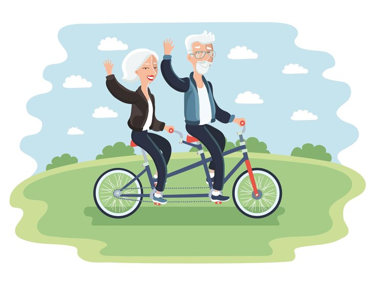 Ilustracja para starszych, jazda na rowerze w parku