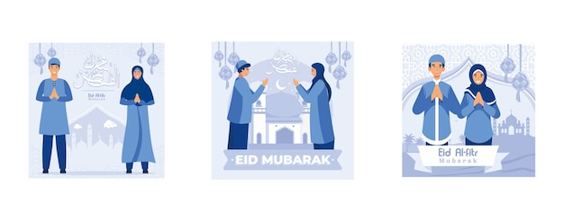 Ilustracja Pary Muzułmańskiej Na Pozdrowienia Eid Mubarak, Typografia Eid Mubarak Z Ludźmi