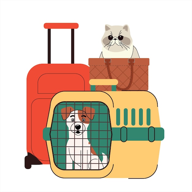Ilustracja perskiego kota w torbie podróżnej i Jacka Russella w nosicielu dla zwierząt domowych obok bagażu