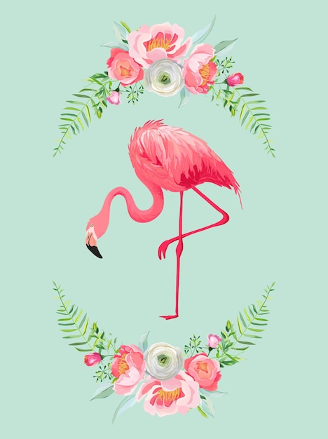 Plik wektorowy ilustracja pięknego flaminga z miejscem na imię dziecka na plakat, pozdrowienia dla dzieci, zaproszenie, ulotka sklepowa dla dzieci, broszura, okładka książki w wektorze