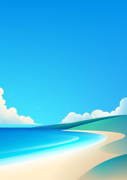Ilustracja pionowego krajobrazu w prostym stylu plaża morza i niebieskie niebo