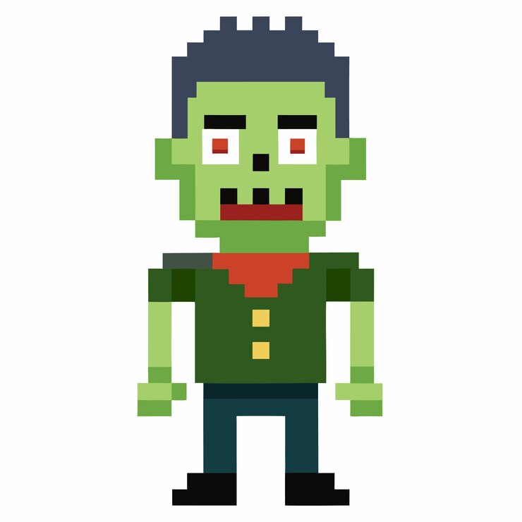 Ilustracja Pixel Art Green Zombie z czerwonymi oczami i krótkimi czarnymi włosami