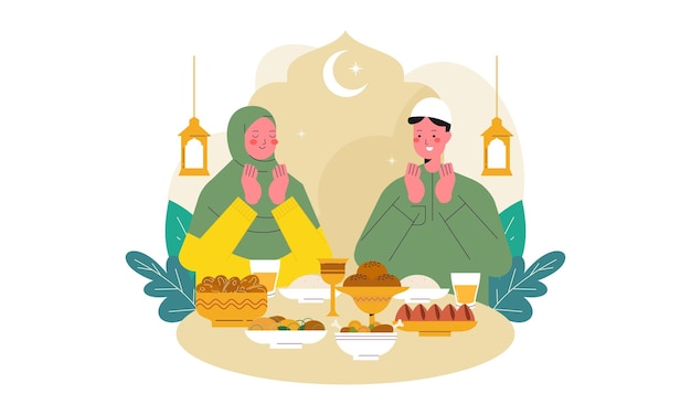 Ilustracja płaskiego określenia muzułmańskiej rodziny iftar jedzącej po postu Ramadanu Koncepcja imprezy