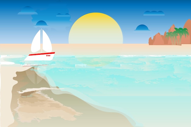 ilustracja plaży z łodzią na wodzie ze słońcem za nią