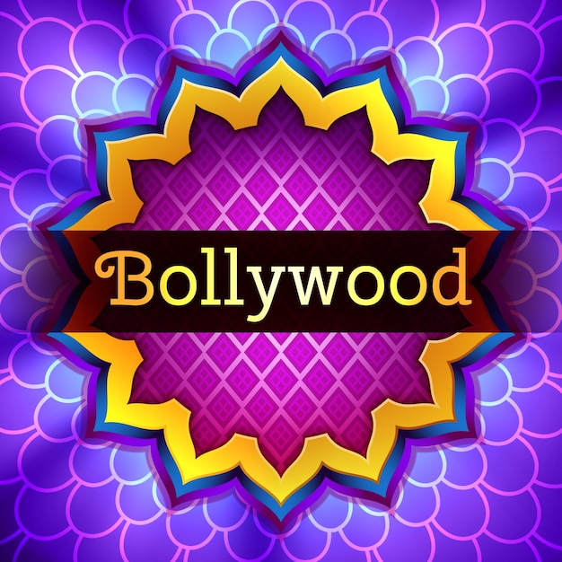 Ilustracja Podświetlane Logo Kina Indyjskiego Bollywood Z Ramą Ornament Złoty Lotosu Na Fioletowym Podświetlanym Tle