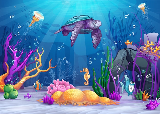 Ilustracja podwodnego świata ze śmieszną rybą i żółwiem