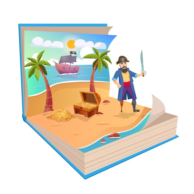 Ilustracja Pop Up Book o pirackiej kompozycji z krajobrazem wyspy ludzka postać ze skrzynią skarbów