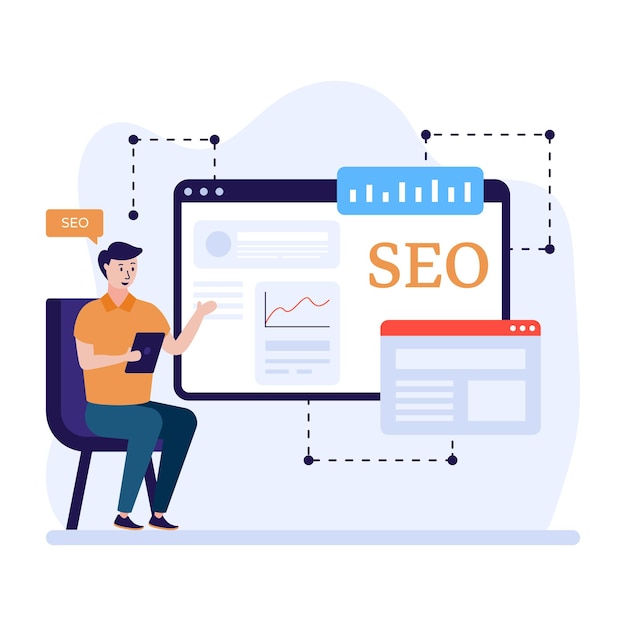 Ilustracja postaci płaskiej konstrukcji web seo