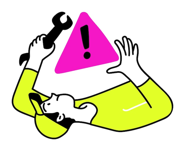 Plik wektorowy ilustracja pracownika z kluczem i znakiem ostrzegawczym
