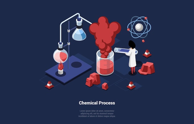 Ilustracja Procesu Chemicznego W Stylu Cartoon 3d Na Niebiesko Ciemny. Izometryczny Skład Naukowca Dokonywanie Eksperymentu Z Czerwoną Substancją