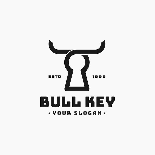 Ilustracja Projekt Logo Bull Key, Połączenie Horned Bison Buffalo Z Keyhole Padlock Loc