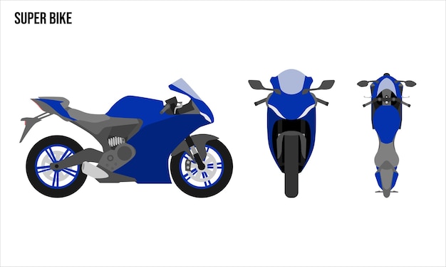 Ilustracja Projektu Super Bike Flat Pojazdy Publiczne Widok Z Góry Widok Boczny Widok Z Przodu Izolowany Białym Tłem