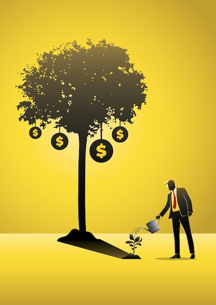 Ilustracja Przedstawiająca Biznesmena Podlewającego Dochody I Wzrost Finansowy Roślin