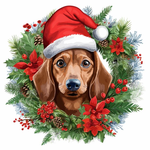Plik wektorowy ilustracja przedstawiająca bożonarodzeniowego psa w kapeluszu świętego mikołaja obraz przedstawiający psa w kapeluszu