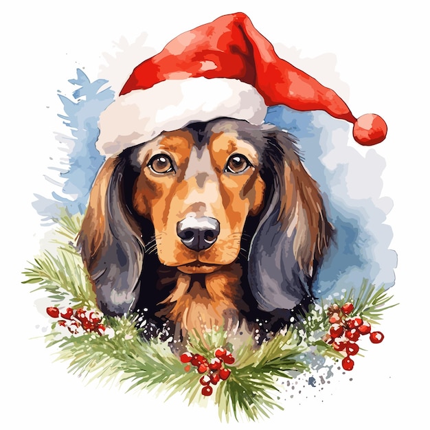 Plik wektorowy ilustracja przedstawiająca bożonarodzeniowego psa w kapeluszu świętego mikołaja obraz przedstawiający psa w kapeluszu