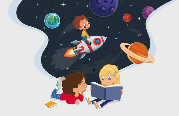 Ilustracja Przedstawiająca Dwie Dziewczyny Siedzące Na Podłodze I Czytające Książkę O Przygodzie Astronautów