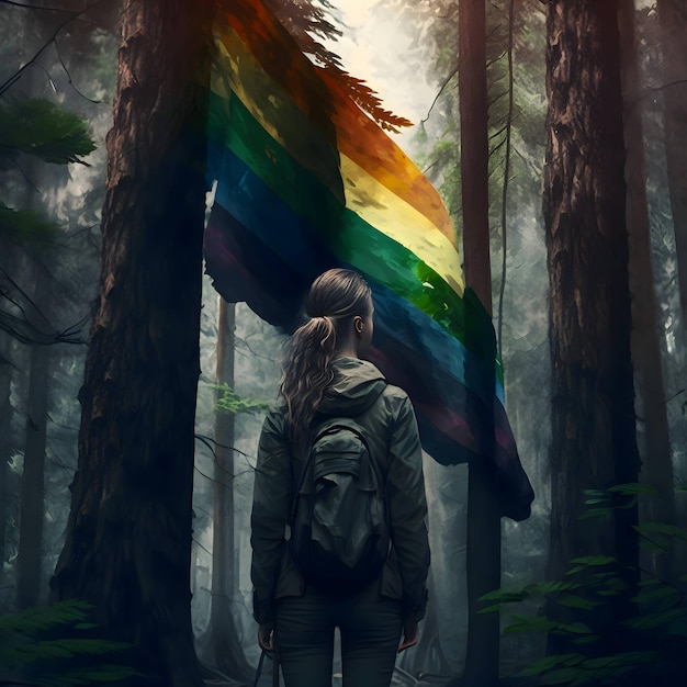 Ilustracja przedstawiająca dziewczynę w ciemnym lesie z tęczową flagą LGBT