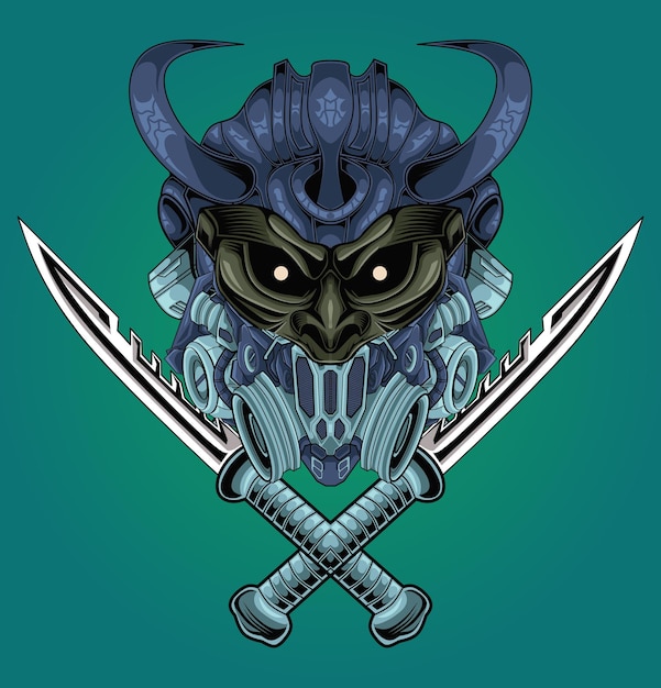 Ilustracja przedstawiająca głowę mecha demona z mieczem