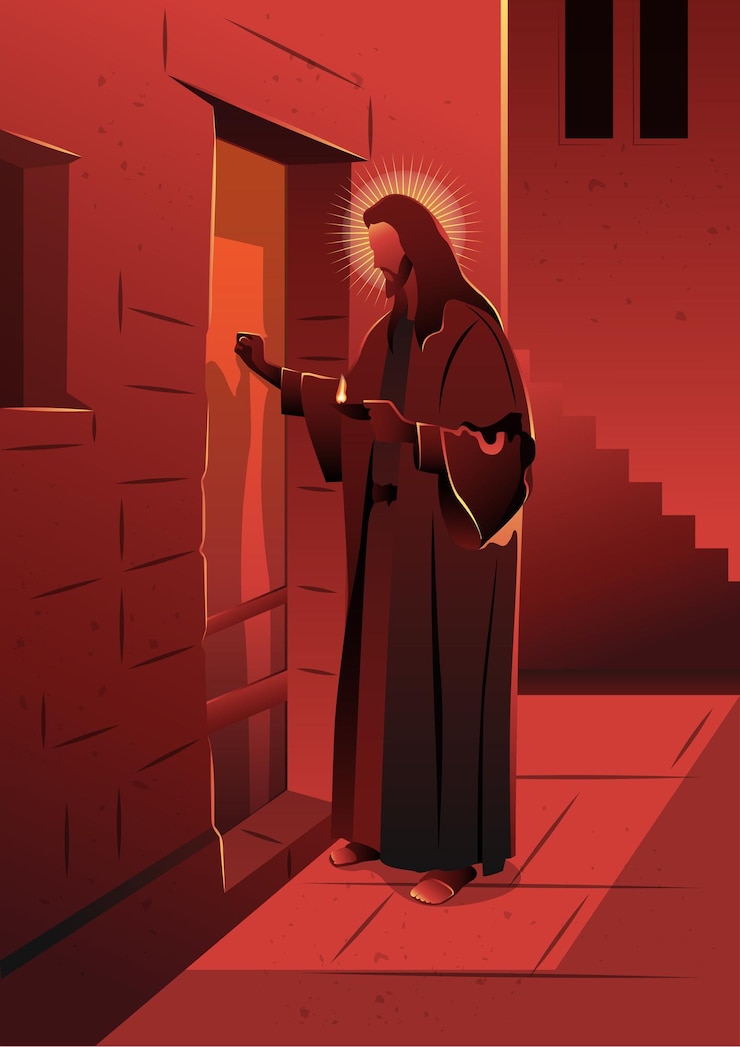 Ilustracja przedstawiająca Jezusa pukającego do drzwi. Seria biblijna