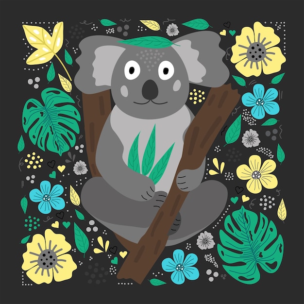Plik wektorowy ilustracja przedstawiająca koalę na drzewie na czarnym tle z liśćmi i kwiatami obraz koala na czarnym tle kwiatu