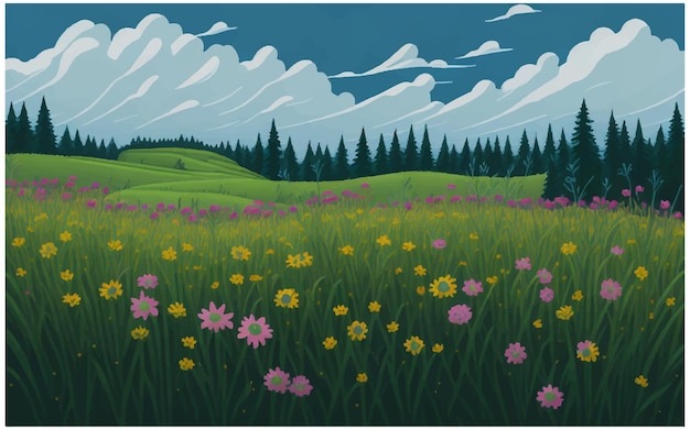 Ilustracja Przedstawiająca łąkę Kwiatową Wiosną