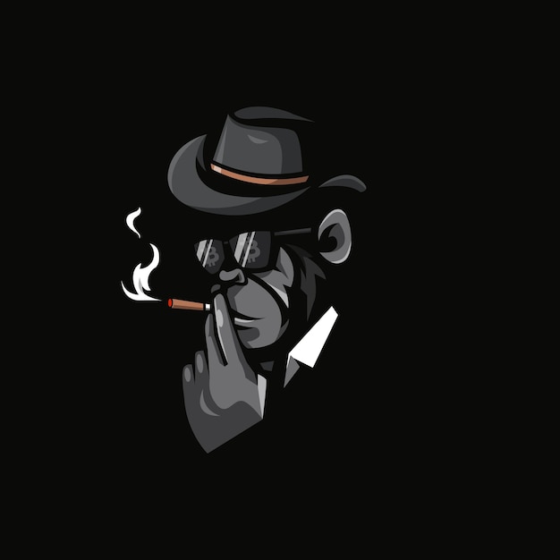 Plik wektorowy ilustracja przedstawiająca małpę palącą w kowbojskim kapeluszu z okularami i odbiciem bitcoina
