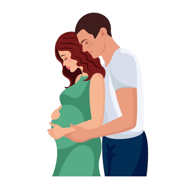 Ilustracja przedstawiająca małżeństwo, za którym mężczyzna przytula kobietę w ciąży Szczęśliwa para w miłości