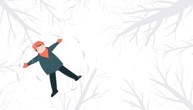 Plik wektorowy ilustracja przedstawiająca mężczyznę leżącego w zaśnieżonym lesie i cieszącego się zimą