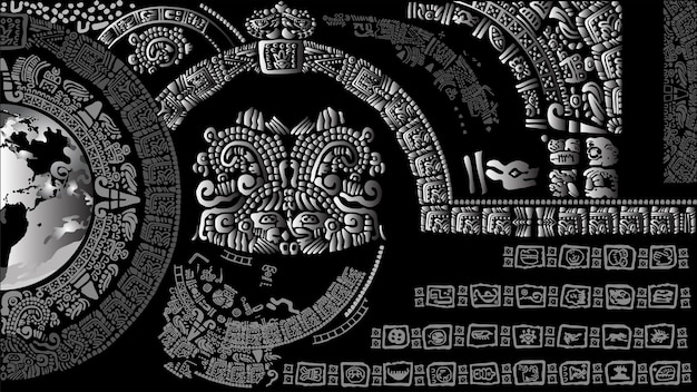 Plik wektorowy ilustracja przedstawiająca planetę ziemię otoczoną znakami i symbolami starożytnych ludów majów