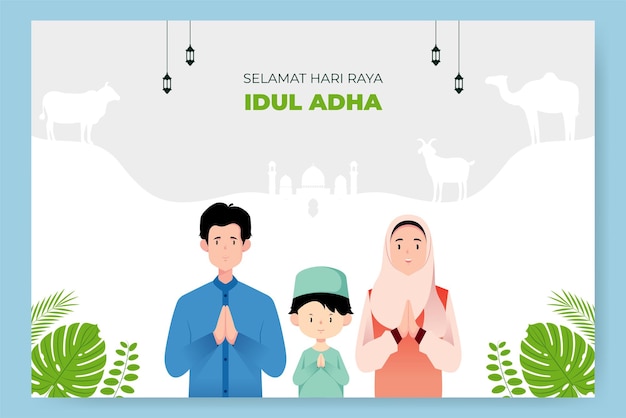 Ilustracja Przedstawiająca Rodzinę życzącą Szczęśliwego Eid Al Adha