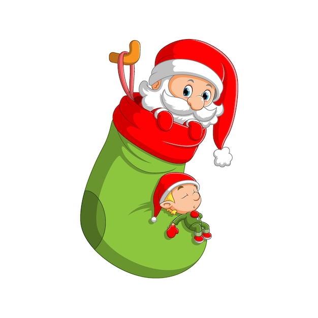 Ilustracja Przedstawiająca świętego Mikołaja Wychodzącą Z Dużej Zielonej Skarpetki Ze śpiącym Na Niej Małym Elfem