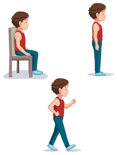 Plik wektorowy ilustracja przedstawiająca uroczego chłopca w różnych pozycjach, mianowicie siedzącego, stojącego i chodzącego
