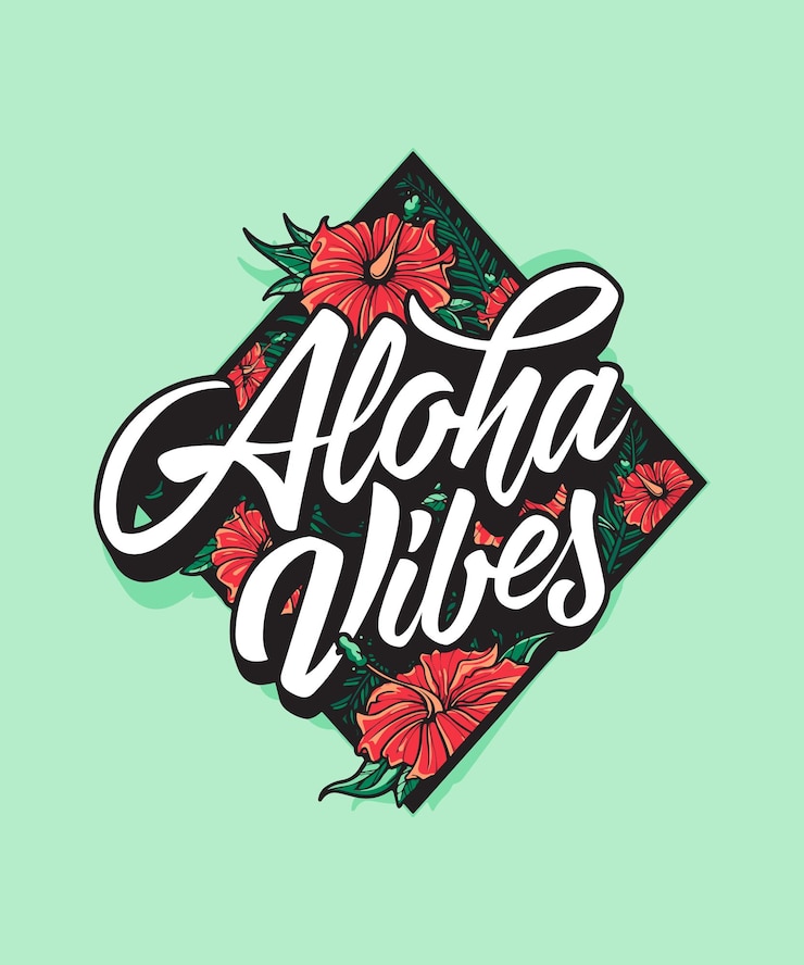 Wektor ilustracja przedstawiająca wesoły efekt tekstowy z napisem „aloha vibes with roses”.