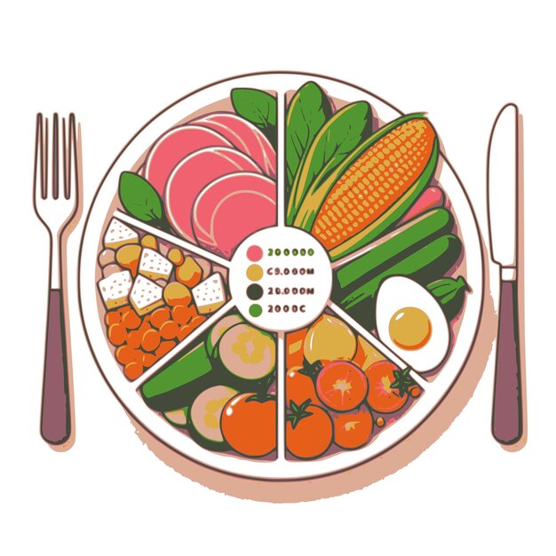 Ilustracja przedstawiająca zrównoważony talerz z proporcjami węglowodanów, białek i warzyw